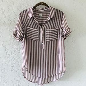 Short Sleeve White/Maroon Stiped Collar Blouse/Top